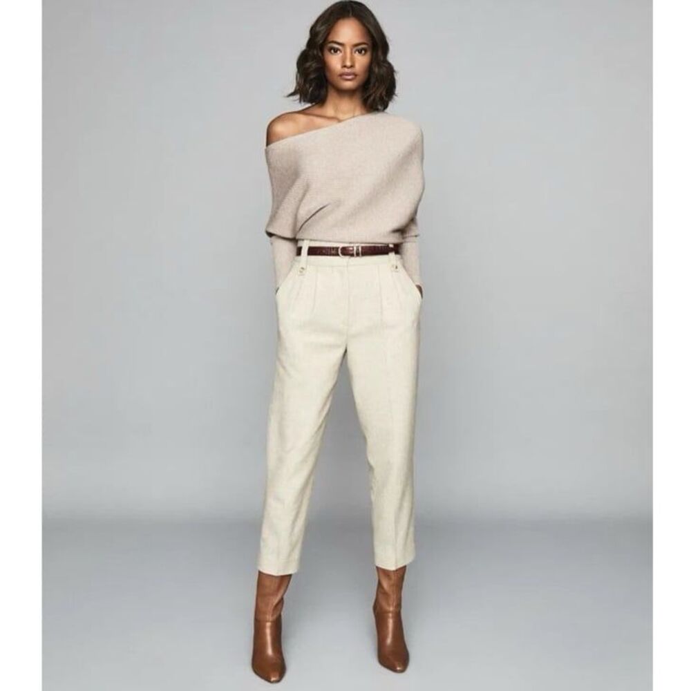 Reiss Lorna Asymmetric Draped Knitted Off Shoulder Jumper Sweater in Stone Small - Picture 4 of 11